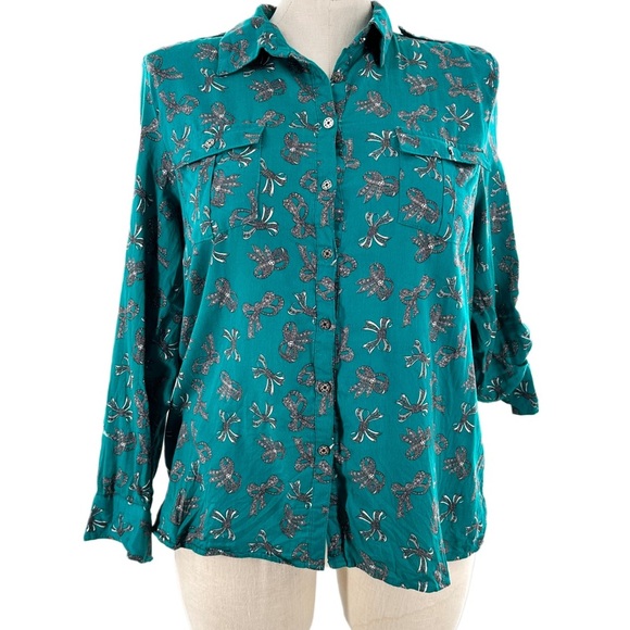 Jaclyn Smith womens top size XL teal floral 100% cotton button down - Picture 14 of 14